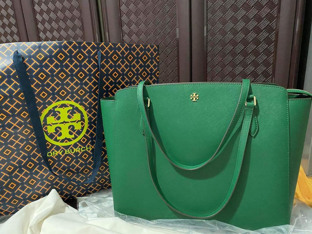Tory Burch Dark Green Saffiano Leather Large Emerson Top Zip Tote