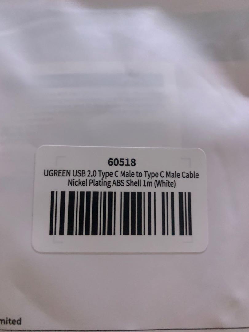 Ugreen cable USB C to USb C (1m) (Category: Chargers & Cables) located in Pasig City. Submitted by .gabby (Listing ID 1056638405, Image 3). Description: UGREEN USB 2.0 TYPE C MALE TO TYPE C MALE CABLE NICKEL PLATING ABS SHELL - 1m (white).