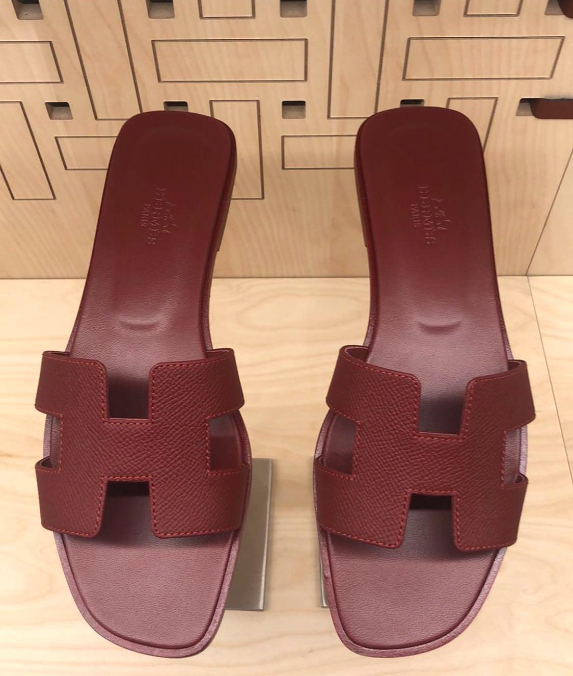 Hermes Oran Burgundy Epsom leather Size 8, Women's Fashion, Footwear, Flats  & Sandals on Carousell