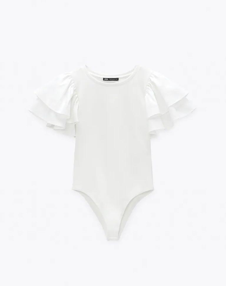 CONTRAST BODYSUIT WITH RUFFLE DETAIL - Oyster-white