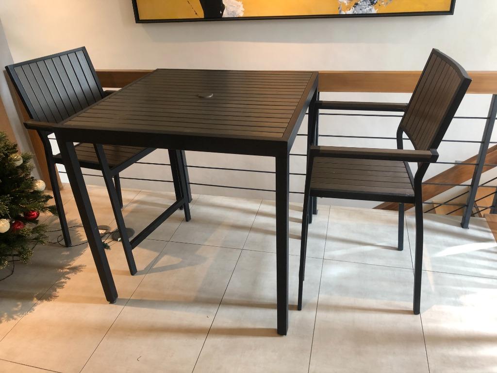 Crate and Barrel Alfresco High Dining Table Set (Category: Tables & Sets) located in Manila. Submitted by macchina_espresso_mnl (Listing ID 1056724900, Image 1). Description: <<USED FURNITURE>> Crate and Barrel Alfresco High Dining Table Set High Dining Table Set (Warm grey polystyrene faux wood) 2 Chairs Included (stackable) Made in Vietnam Dimensions: Width: 35.5 inches Depth: 35.5 inches Height: 36 inches The faux wood is treated with UV and a