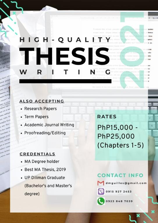 High Quality Thesis Writing (Category: Textbooks) located in San Juan City. Submitted by dennisguilles (Listing ID 1020096509, Image 1). Description: HIGH-QUALITY THESIS (Chapters 1-5) ALSO ACCEPTING: Research Papers, Term Papers, Academic Journal Writing, and Proofreading/Editing projects. CREDENTIALS: MA Degree holder BEST MA Thesis UP Diliman Graduate (Bachelor's and Master's degree) >>REVIEWS - https://bit.ly/4a216VP.