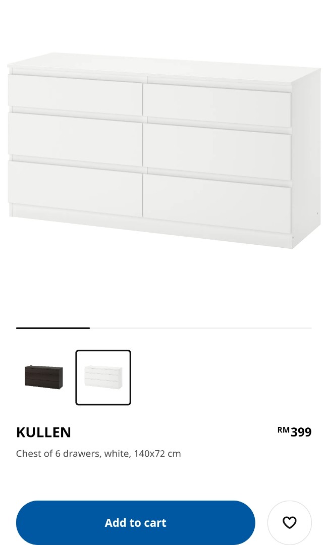 IKEA KULLEN Chest of 6 drawers, white 140x72 cm, Furniture & Home