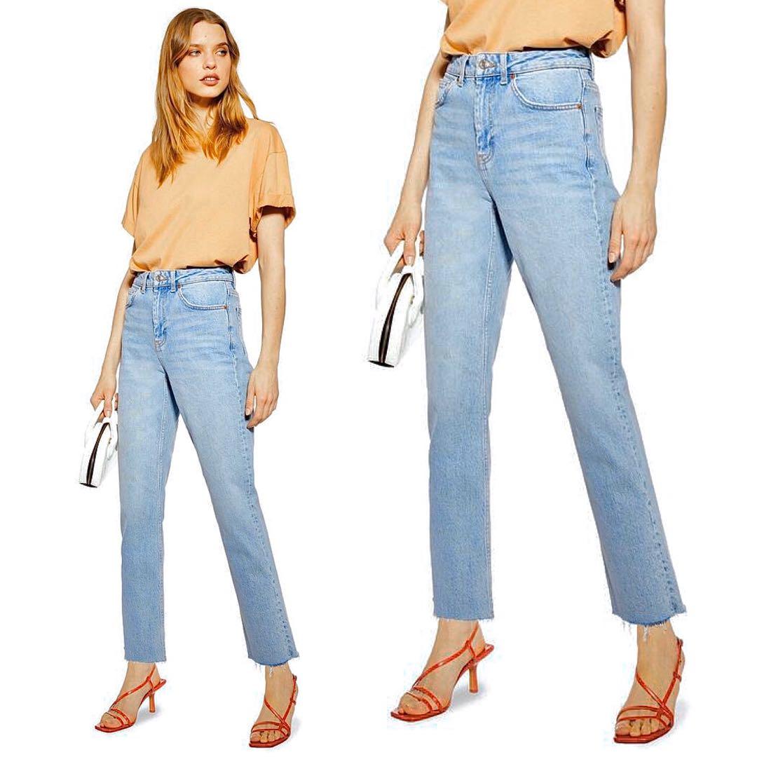 Topshop high waist raw hem straight leg jeans on sale