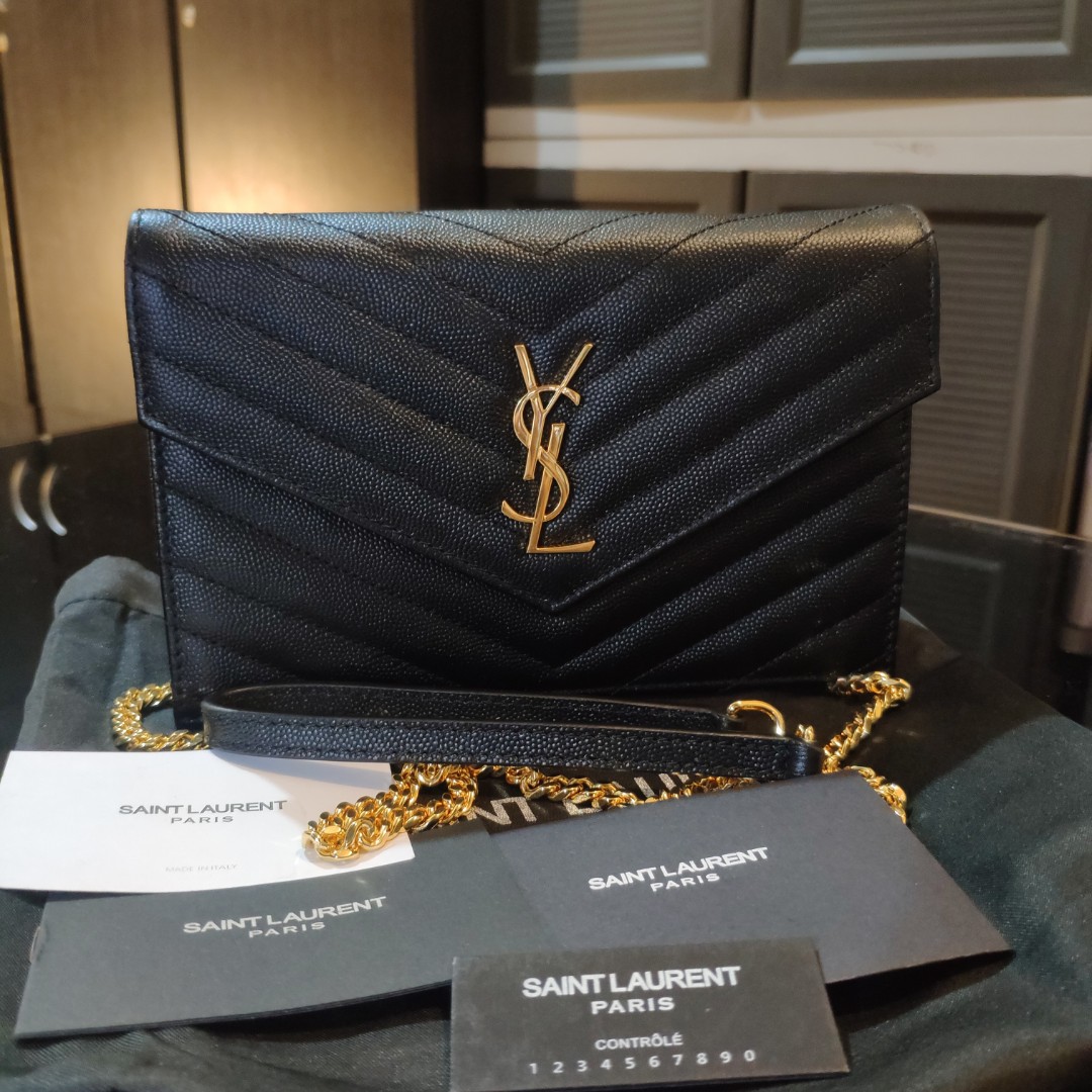 YSL ENVELOPE CHAIN WALLET IN MIX MATELASSÉ GRAIN DE POUDRE EMBOSSED  LEATHER, Luxury, Bags & Wallets on Carousell