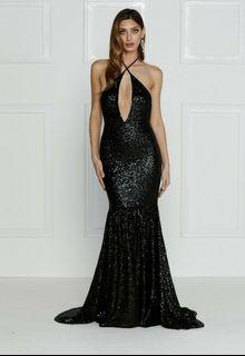 Alamour The Label Black Sequin Low Back Gown Beaded Plunge Neck Mermaid Dress