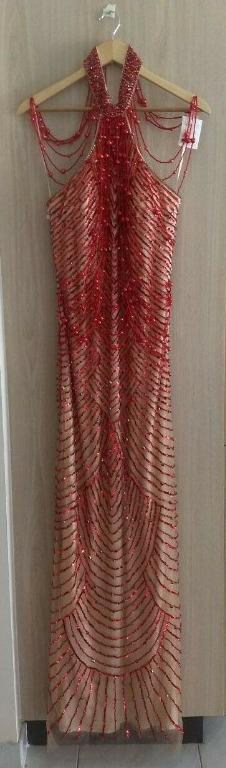 A&N Luxe by Alamour The Label Label Red Halter Sequin Gown Split Open Back Nude Beaded Column Dress