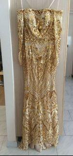 A&N Luxe by Alamour The Label Gold Off Shoulder Sequin Gown Long Sleeve Beaded Mermaid Dress