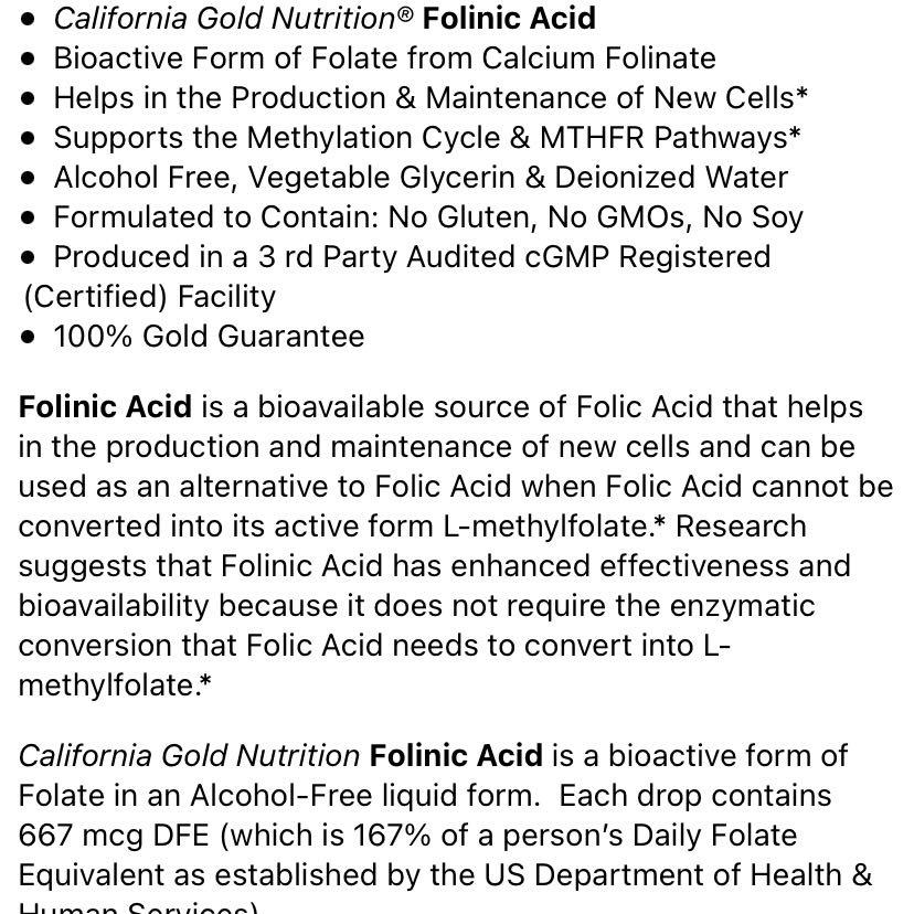 [BN] Folinic Acid, Alcohol-free (1 fl oz / 30ml) by California Gold ...