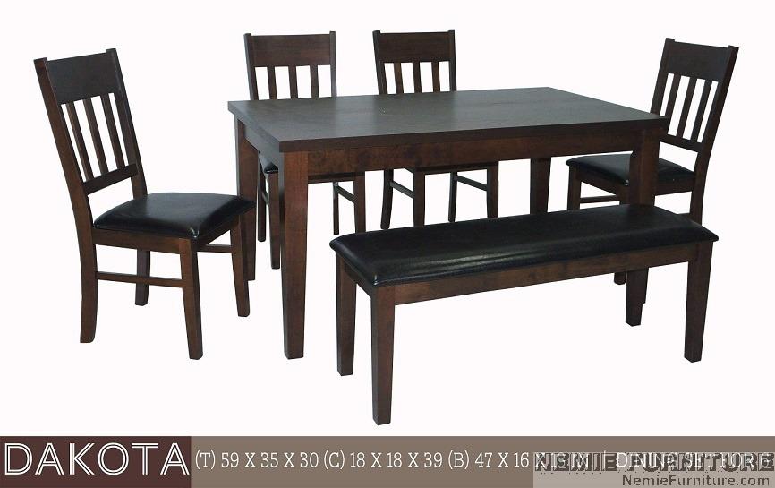DAKOTA dining table with chairs and bench (Category: Chairs) located in Quezon City. Submitted by nemiefurniture (Listing ID 1056958822, Image 1). Description: wooden dining table with 4 chairs and bench table: 59"L x 35"W x 30"H bench: 47"L x 16"W x 18"H chair: 18"L x 18"W x 39"H color: wenge https://nemiefurniture.com Prices negotiable .