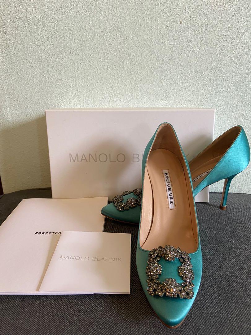 MANOLO BLAHNIK HANGISI TURQUOISE SATIN 