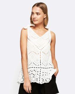 MVN We Found Love Lace Top White Tie Up Sleeves Sheer Crochet Embroidery Detail