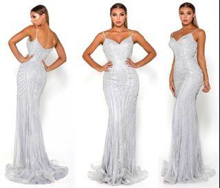 PORTIA AND SCARLETT Lourdes Gown RRP $990 Silver Crystals Mermaid Style Dress Spaghetti Straps Low Back Plunge V Neck The Dollhouse Ball Gown Dress Thedollhousexoxo Bridesmaid Rat And Boa Natalie Rolt HIRE OR PURCHASE
