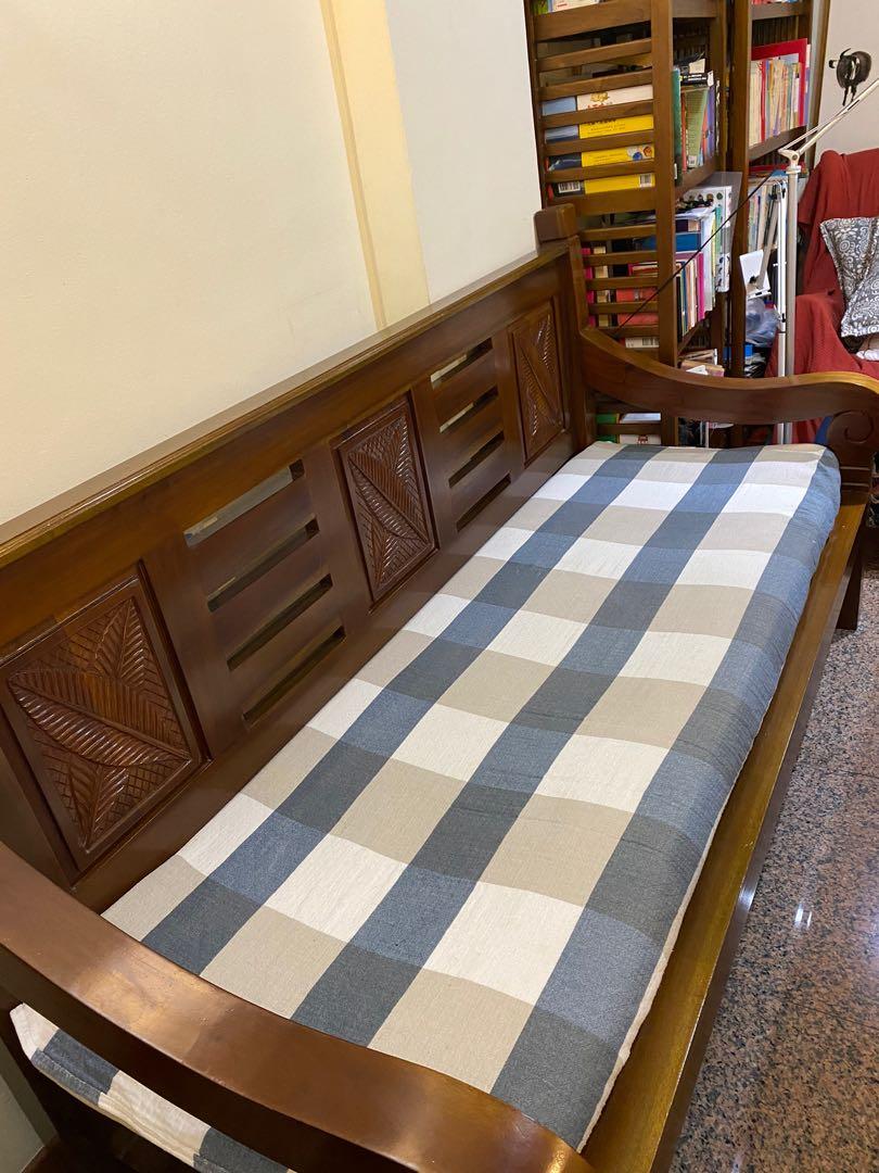Solid wood sofa (Category: Bed Frames & Mattresses) located in Singapore. Submitted by doris288 (Listing ID 1056969230, Image 1). Description: Big sale! Bought at over $2000 Solid wood, no glue Long 2m, width 0.8m Self-collect Used only 2 years In very good condition .