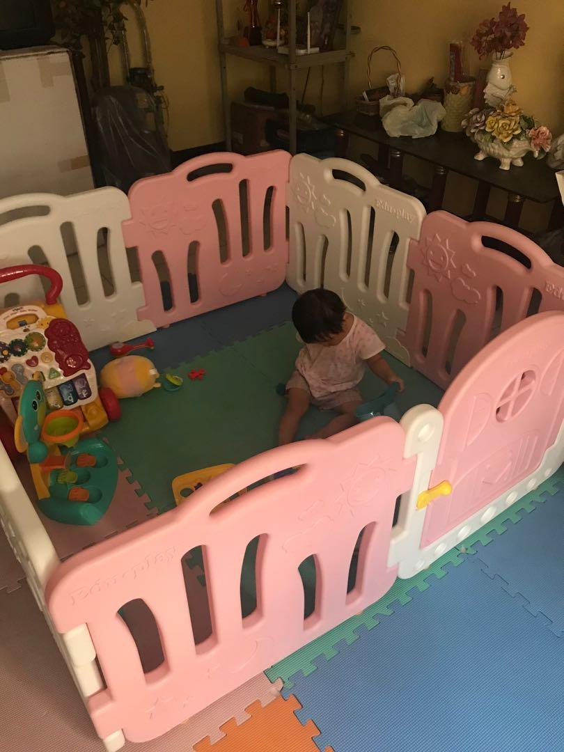 10 panels edu playpen (Category: Cots & Cribs) located in Pasay City. Submitted by hamikyonline (Listing ID 1057148577, Image 1). Description: 10 panels (pic only has 8 but its 10 cause i purchased 2 more panels separately). Mixed colors of pink, green and white. Less than 1yr use. Does not include toys inside. There are 2 panels missing the rubber, but does not affect the item. This is 2nd hand, please set expectations. RFS: baby no longer wants