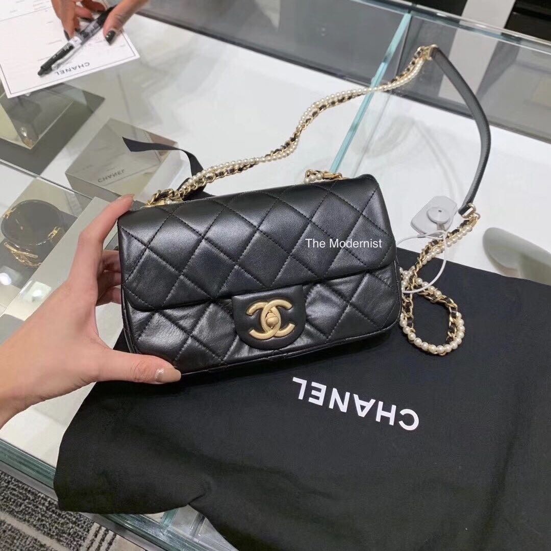 Authentic Chanel Black Flap Bag Calfskin with Pearl AS2210 B04443
