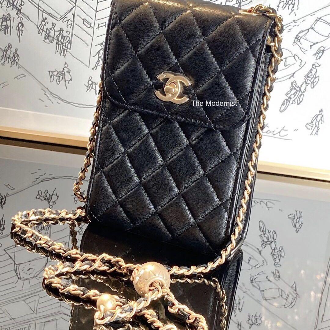 Authentic Chanel Gold Pearl Crush / Gold Ball Vertical Phone Holder Chain  Flap Bag Black Lambskin