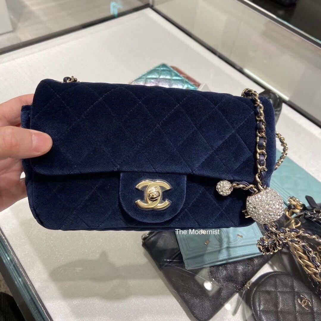 Authentic Chanel Navy Blue Velvet Crystal Rhinestone Diamanté Gold