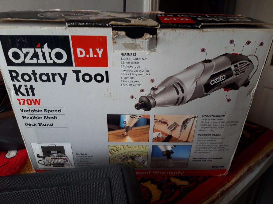 Ozito Rotary Tool Set (Category: Construction Tools & Equipment) located in Manila. Submitted by arisofcalico (Listing ID 1057120241, Image 2). Description: Ozito variable speed rotary toolset Complete set with hard carry case Almost new, very rarely used for diy/home hobby Comes with flexible shaft, desk stand and some accessories Gor this brand new as a friend's present RFS: Shifting to Bosch cordless tools with single battery system.