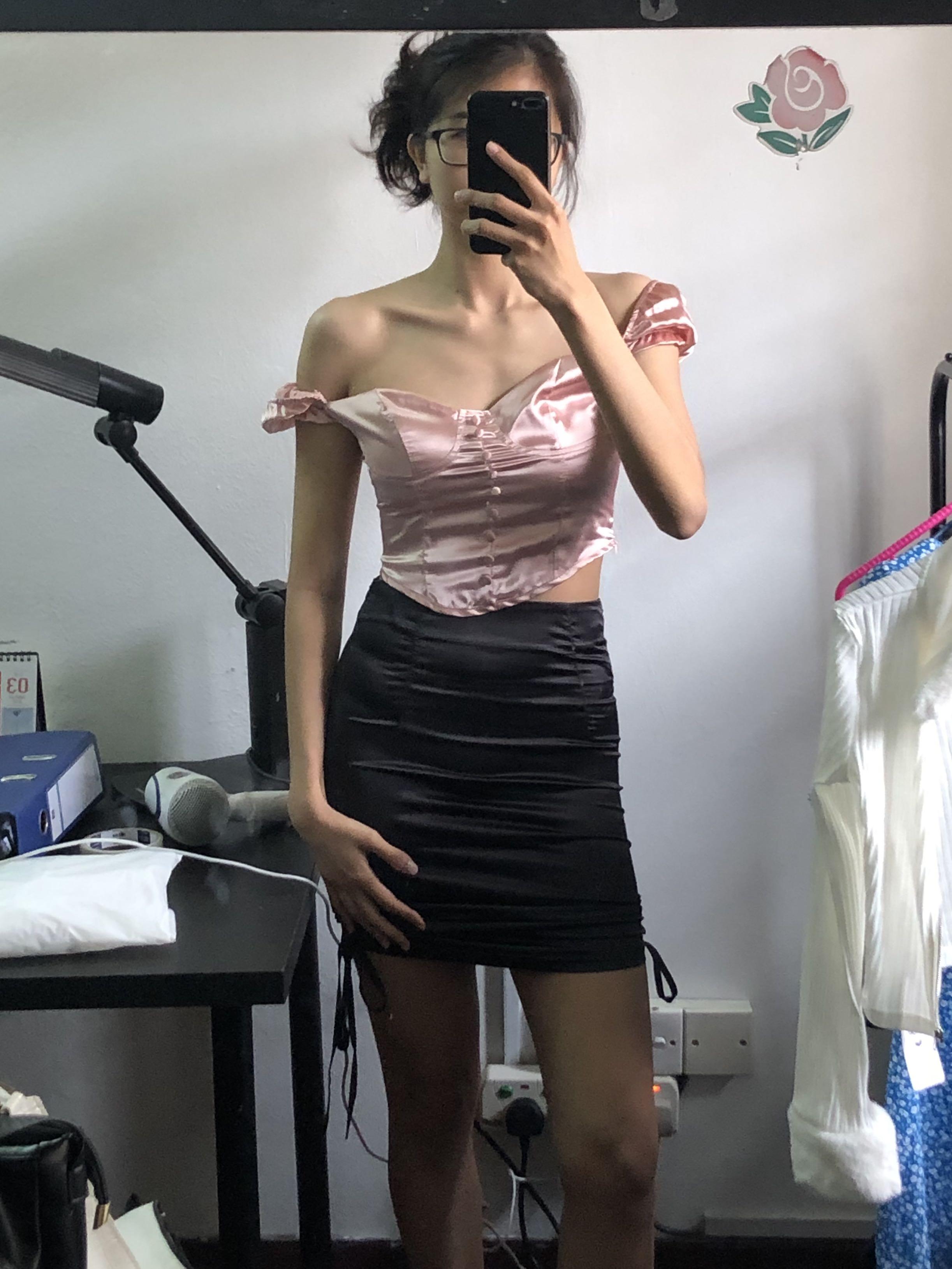 Pink Satin Off Shoulder Crop Top Women s Fashion Tops