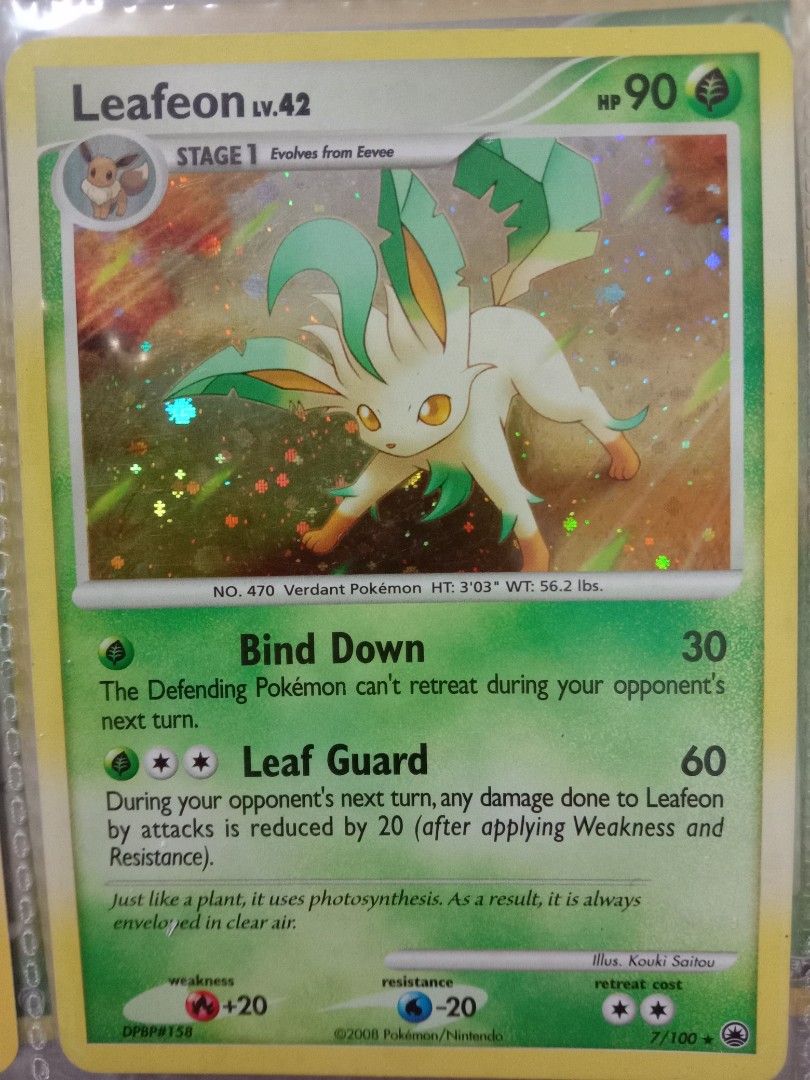 Pokemon Card Leafeon Lv 42 7 100 Holo Toys Games Board Games Cards On Carousell If there is any stadium card in play, this attack does 30 more damage and heal 30 damage from this pokemon. carousell
