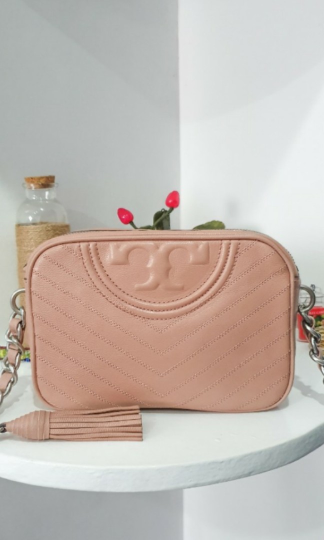 TORY BURCH Fleming Distressed Chevron Camera Bag in Nude Pink