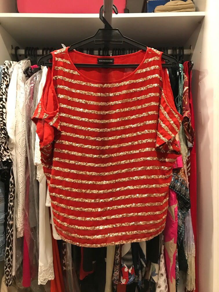 red sequin cold shoulder top