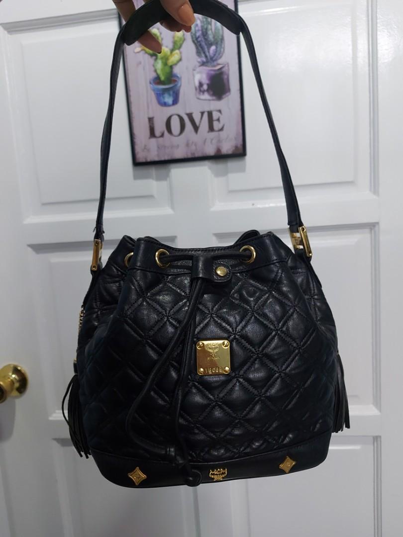Authentic mcm quilted bucket bag in lambskin, Luxury, Bags 