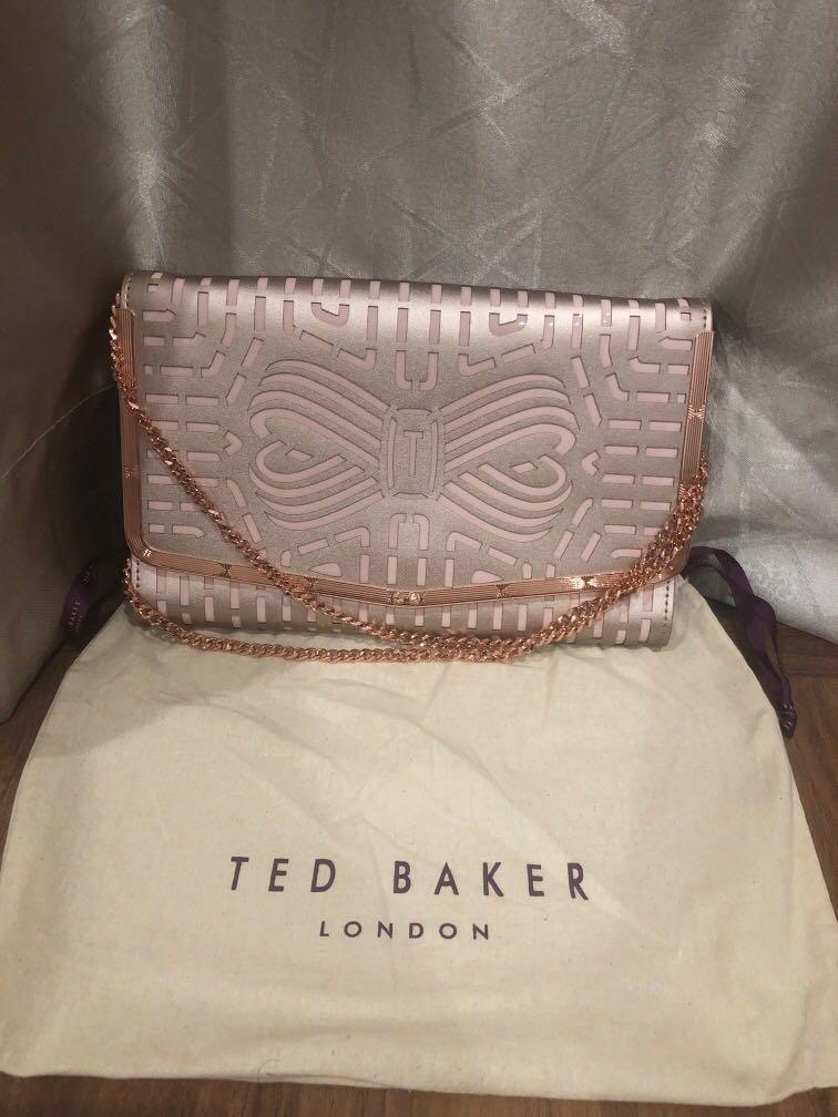 Ted Baker London Rose Gold Cutout Bow Clutch Handbag With Removable Chain