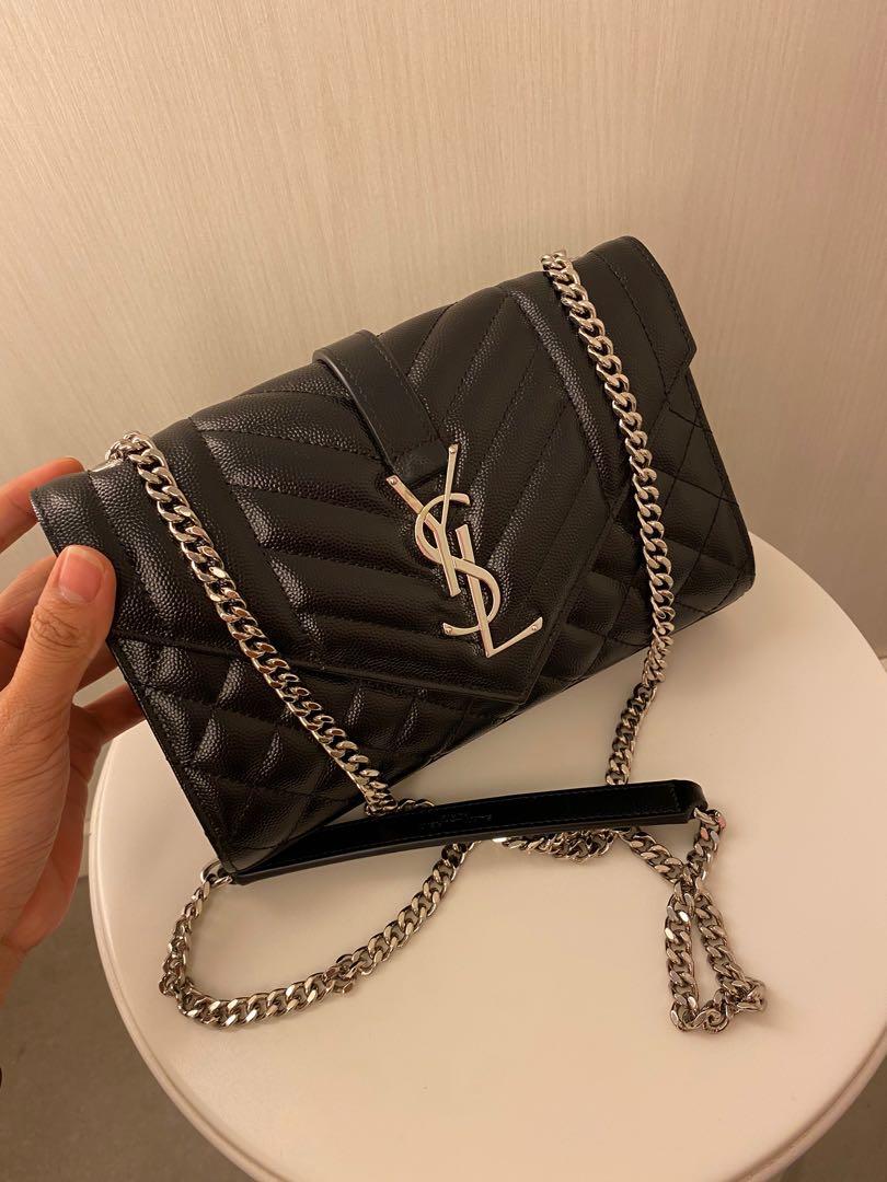 Authentic Saint Laurent YSL Medium Leather Chain Envelope Bag (M size, Noir)