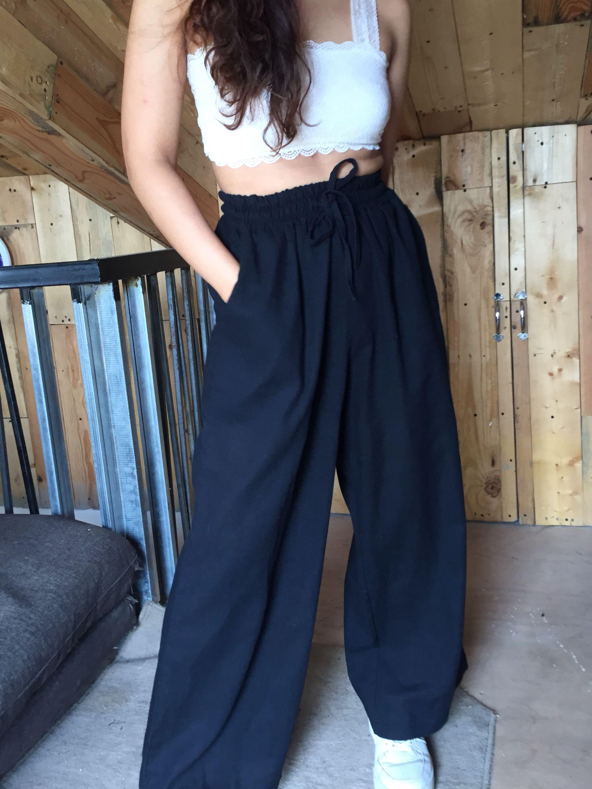 Black Garterized Linen Pants, Women's 