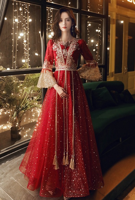 Pre order Red gold long sleeve cheongsam glitter wedding prom evening dress gown RBP1605