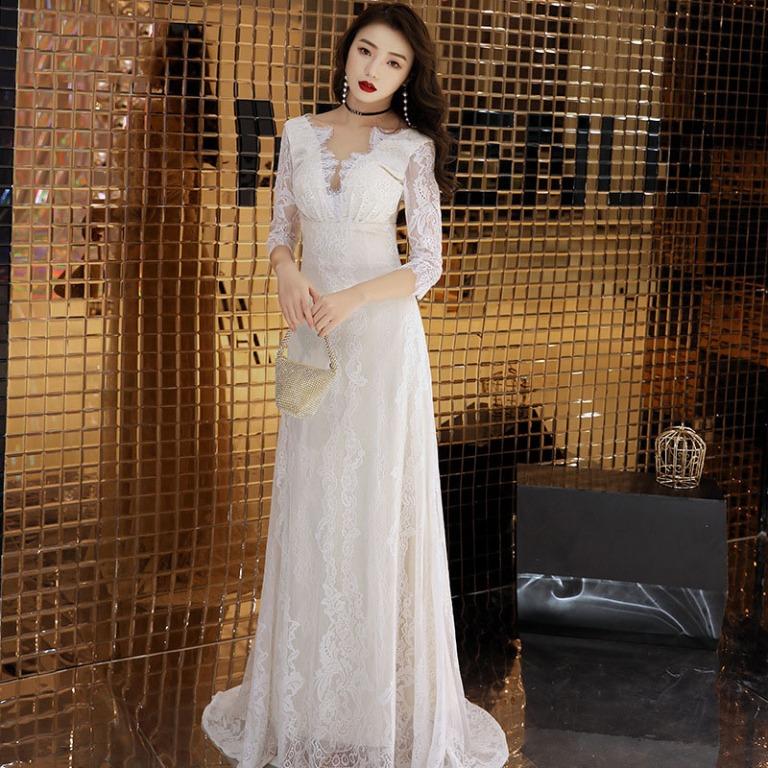 White long on sale sleeve evening dress