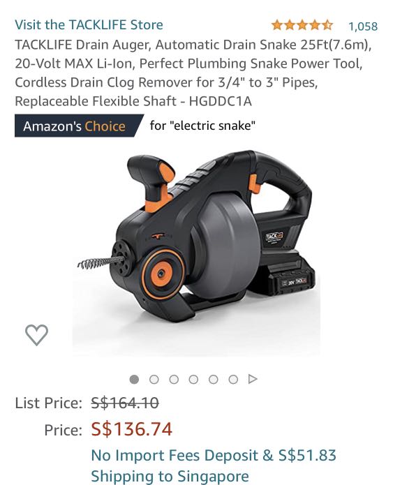 TACKLIFE Drain Auger, Automatic Drain Snake 25Ft(7.6m), 20Volt MAX Li