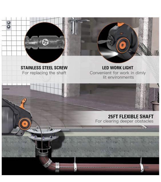 TACKLIFE Drain Auger, Automatic Drain Snake 25Ft(7.6m), 20Volt MAX Li