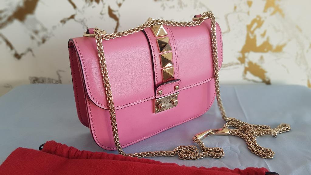 Valentino Garavani Rockstud Glam Lock Pink Small Crossbody Flap Calfskin  Bag Gold Chain
