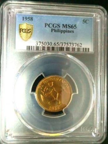 1958 U.S. Philippine Five Centavos Coin - PCGS MS65 (Category: Currency) located in Marikina City. Submitted by alexq21 (Listing ID 1057454804, Image 1). Description: This Item: 1958-S U.S. Philippines 5 Centavo Coin (KM# 187) PCGS Grade: MS 65 Gold Shield Shipping Cost: Not included You will receive the exact coin pictured. Feel free to send me a message with any questions you may have..