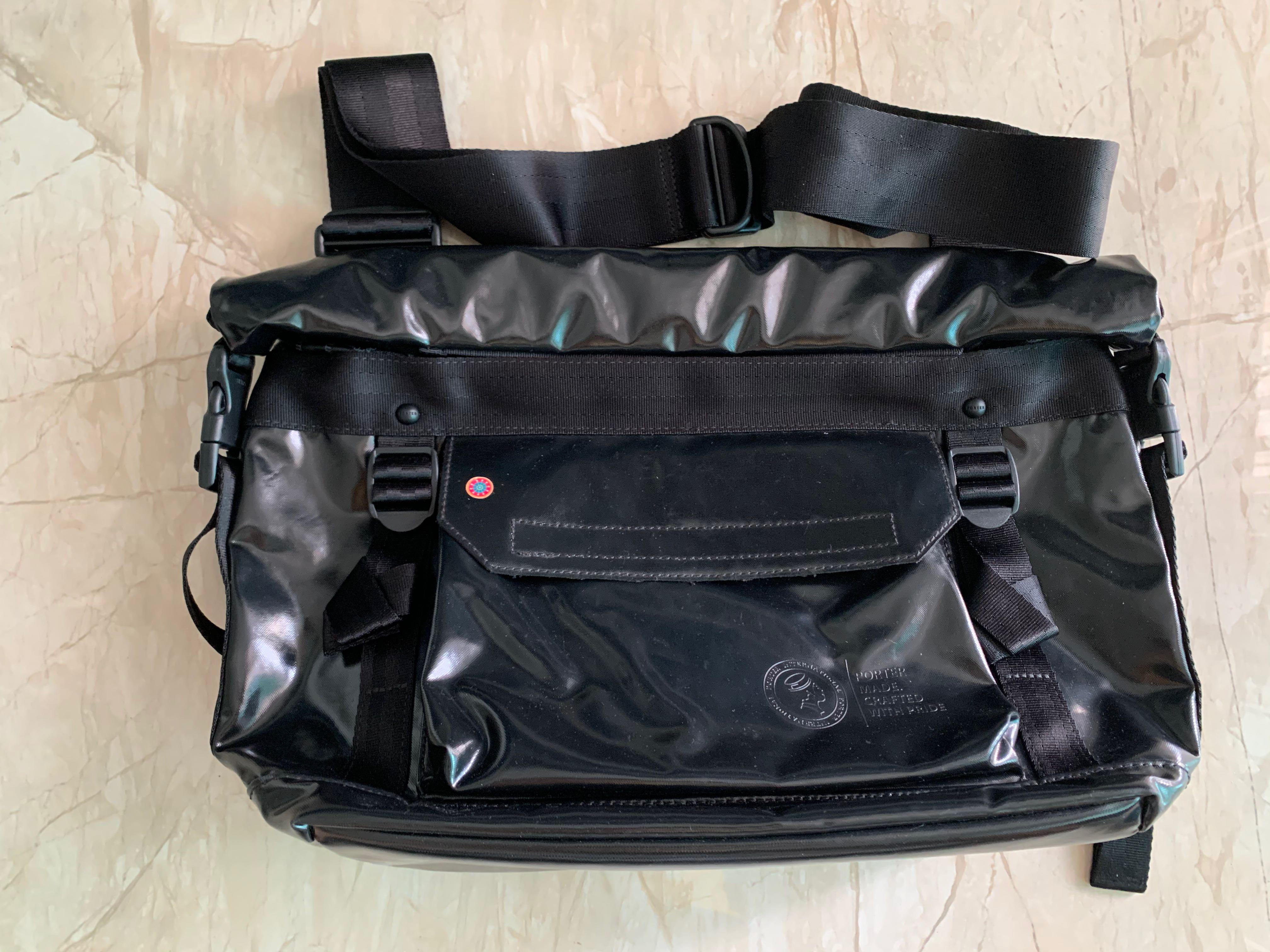 Porter roll top Sling Bag in black with unique print, Men's Fashion