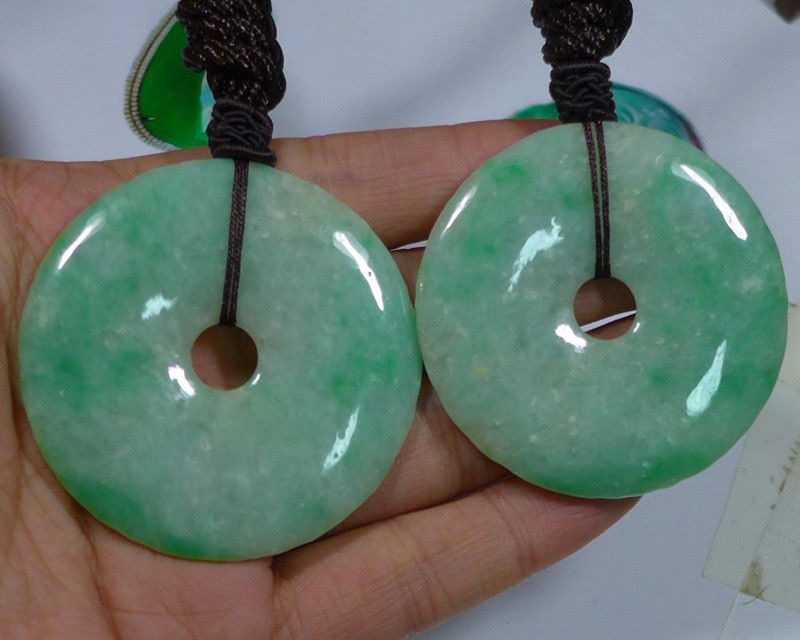 Cert'd Natural A Emerald Jadeite Jade Big Safey Circle Antique Pendant(Pair)
