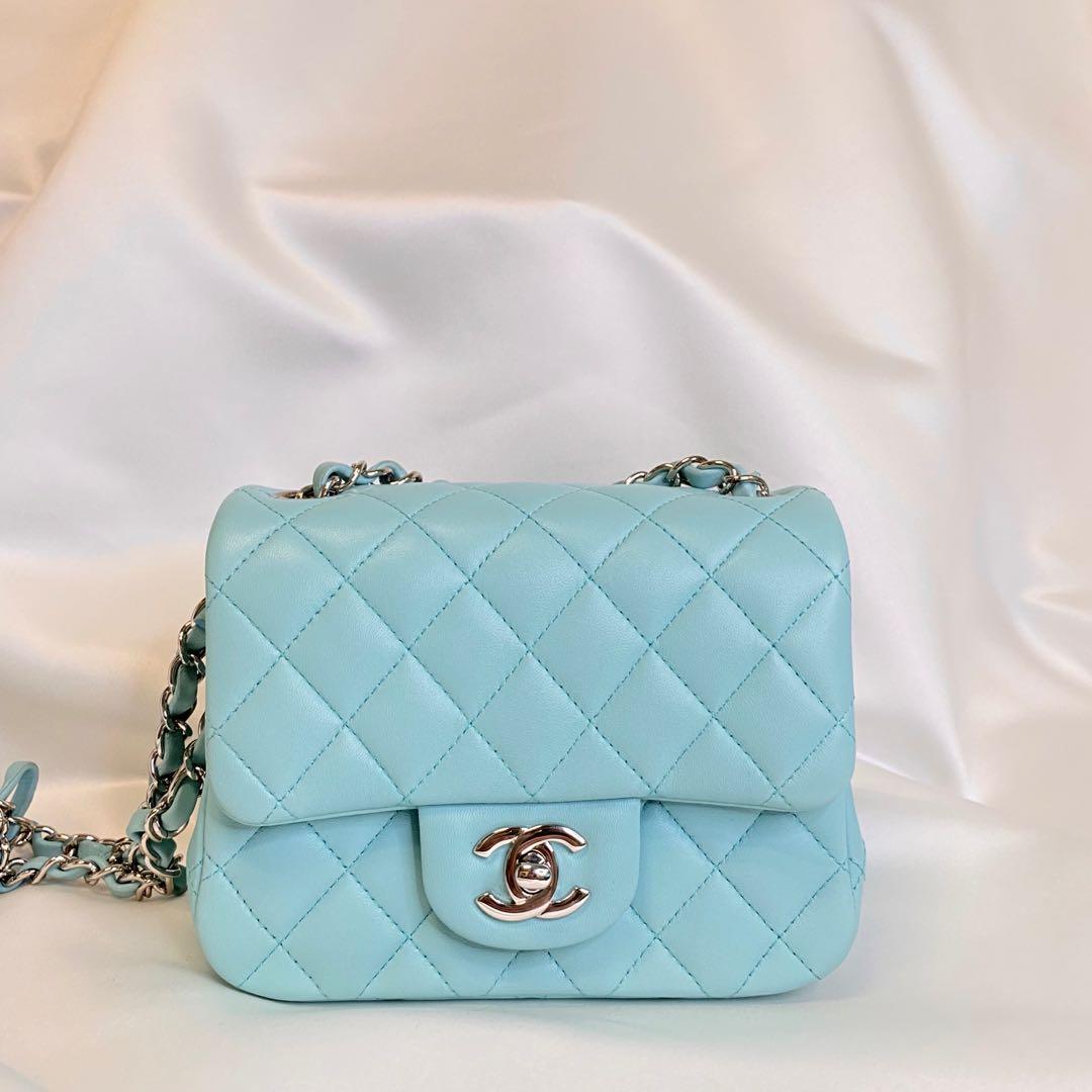 Chanel lambskin mini square flap bag in Tiffany blue and silver hardware