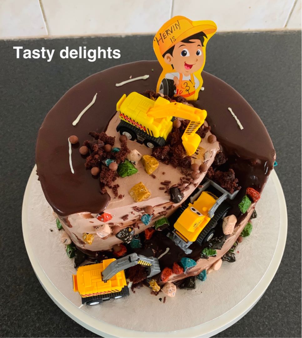Eggless digger cake,construction theme cake,eggless chocolate cake