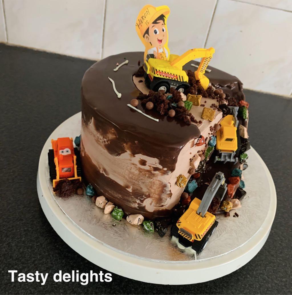 Eggless digger cake,construction theme cake,eggless chocolate cake