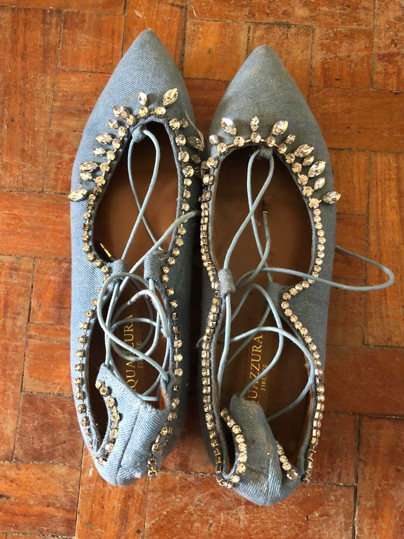 Lace Up Aquazurra Flats (Category: Flats & Sandals) located in Manila. Submitted by sofiasays (Listing ID 1057353115, Image 1). Description: Aquazurra Bedazzled Flats Made in Italy Size 40 (US 9 Womens) In good quality, with a slight heel and rhinestone detail, laced up around the ankle .