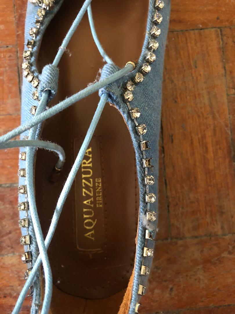 Lace Up Aquazurra Flats (Category: Flats & Sandals) located in Manila. Submitted by sofiasays (Listing ID 1057353115, Image 3). Description: Aquazurra Bedazzled Flats Made in Italy Size 40 (US 9 Womens) In good quality, with a slight heel and rhinestone detail, laced up around the ankle .