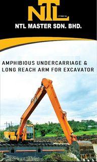 amphibious excavator , long reach arm excavator, telescopic clamshell , amphibious undercarriage, telescopic dipper attachment