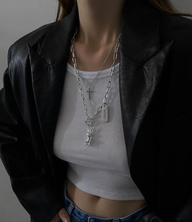 Multi Layer Punk Men Women Rabbit Cross Pendant Necklace Hiphop Portrait Chains Jewelry Kpop Unisex Long Metal Women S Fashion Jewellery Necklaces On Carousell