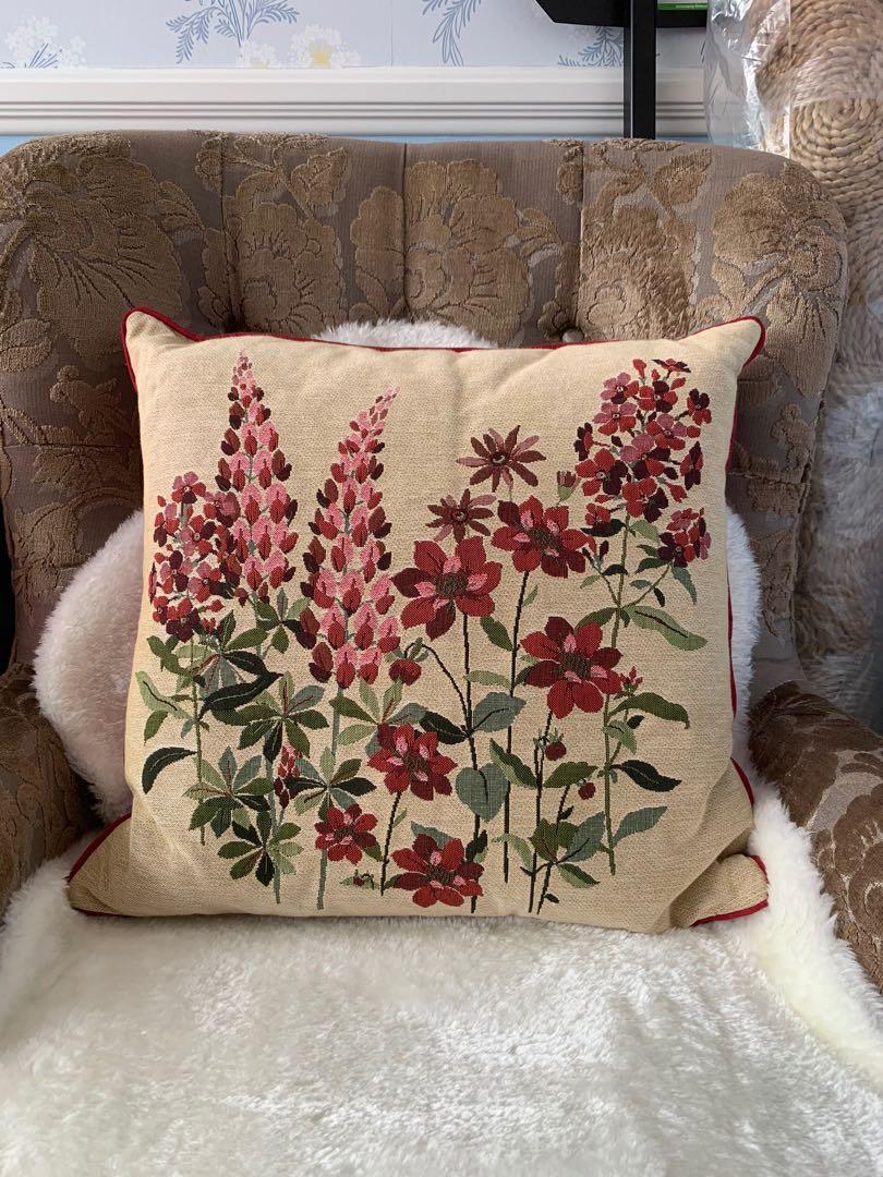 Laura Ashley Beige Cushion With Red Embroidered Flowers Furniture Home Living Home Decor Cushions Throws On Carousell