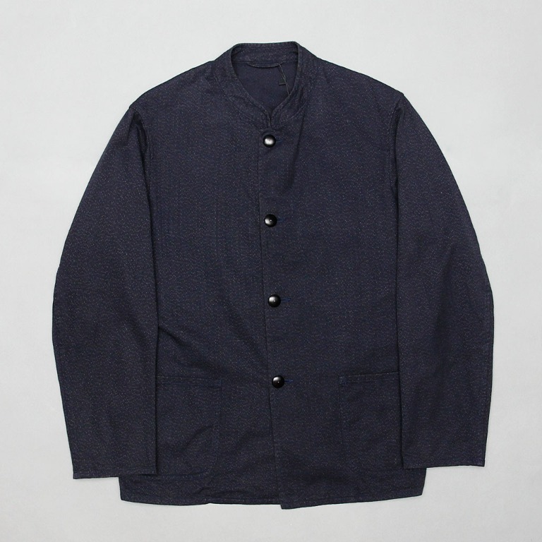 工工】COMOLI Stand Collar Jacket 藍染夾織日本布蘑菇釦立領罩衫外套