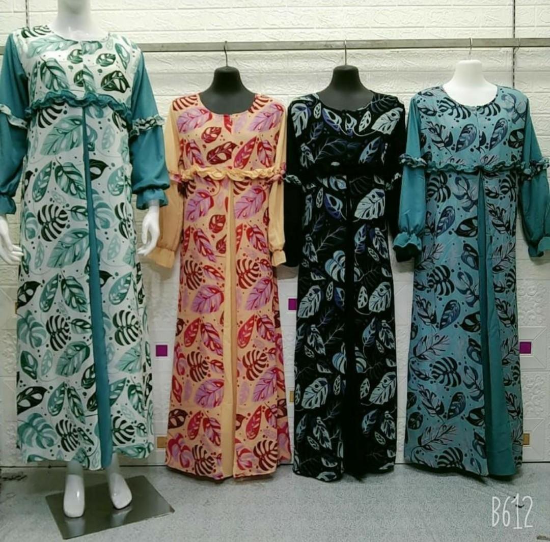 Gamis Ceruti Longdress Motif Monstera Daun Janda Bolong Jumbo Big Size Fesyen Wanita Muslim Fashion Gaun Di Carousell