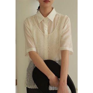 hong 葒 質感絲質光澤短袖襯衫-白